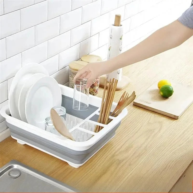 Foldable Dish Drying Rack with Utensil Holder,Space-Saving Plastic Plate Rack for Home,RV,Camping,Foldable Sink Drain for Travel