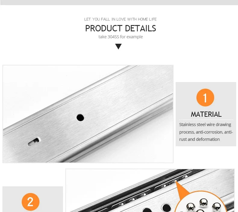 10" - 22" Stainless Steel Drawer Slides Soft Close Drawer Track Rail Sliding Three-Section Cabinet Slides Furniture Hardware