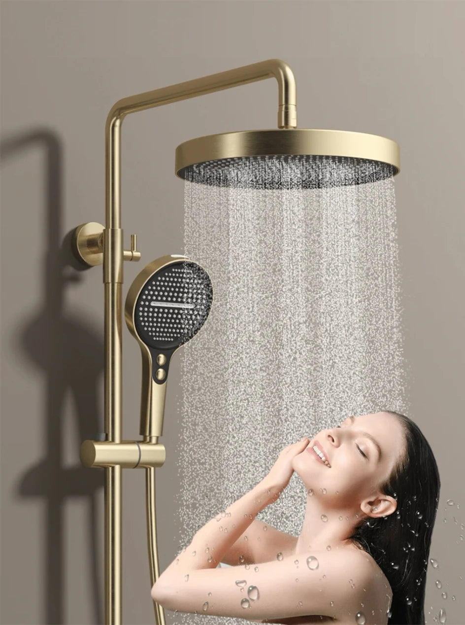 Bathroom Shower System Set Brushed Gold Hot Cold Bathroom Faucet Accessories Rain Shower Head Hot Cold Bathroom Shower Set