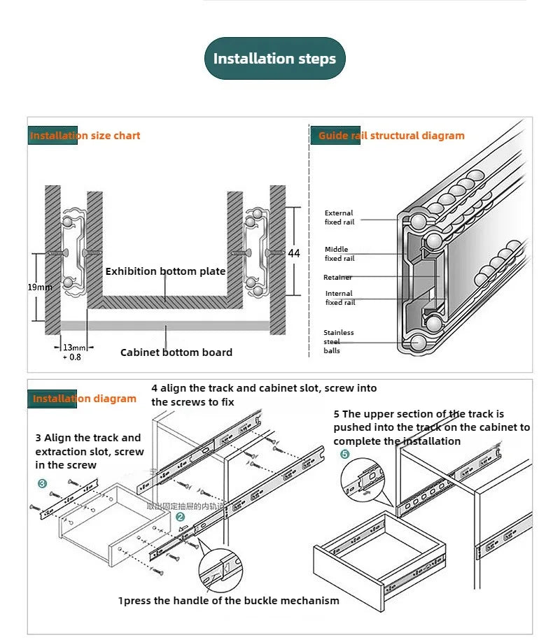 10" - 22"  45mm wide Stainless Steel Drawer Slides Soft Close Drawer Track Rail Sliding Three-Section Cabinet Furniture Hardware