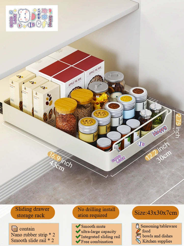 Non Perforated Kitchen Pull-out Shelf，Kitchen Storage Rack with Sliding Rails，Drawer Storage Tray，Cabinets Organizer，spice Rack