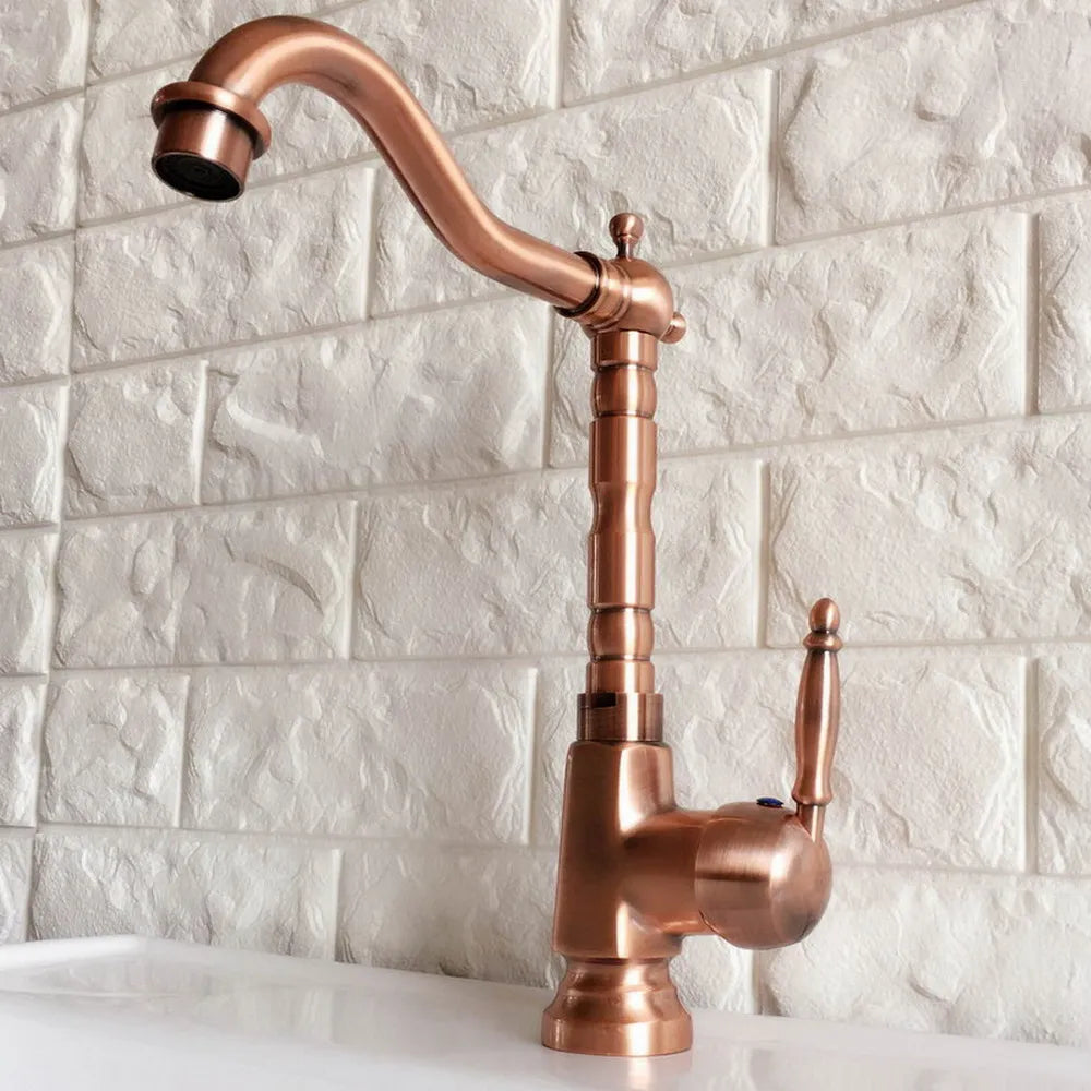 Antique Red Copper Kitchen Sink Faucet Swivel Spout Washbasin Faucets Cold and Hot Water Mixer Bathroom Taps Deck Mounted lnf401