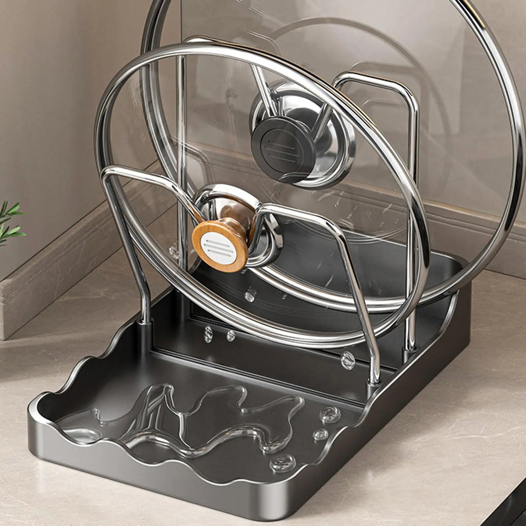 Pot Lid Organizer Vertical Spoon Display Stand with Drip Tray Stainless Pot Lid Storage Rack for Kitchen Baking Cooking Pantry