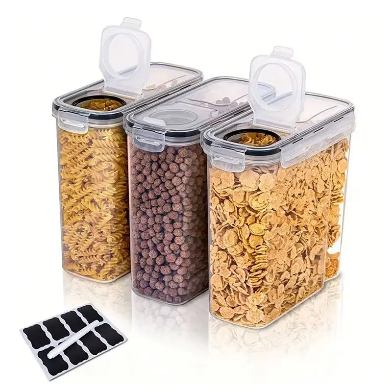 Set of 3 2.5L/4L Sealed Grain Storage Containers Clear PP Kitchen Storage Boxes Fresh-keeping Buckets with Pen Labels