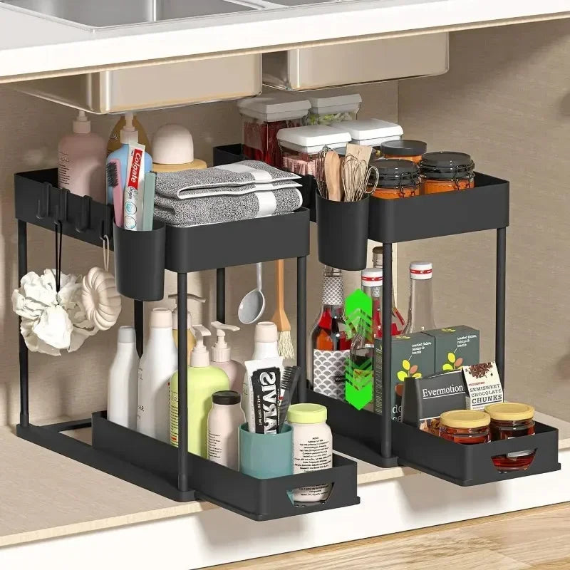 Under Sink Organizer, Sliding Cabinet Basket Organizer, Storage Rack with Hooks, Hanging Cup, Bathroom Kitchen Organizer, 2 Tier