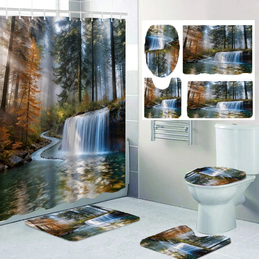 1/4 Forest Waterfalls  print shower Curtains, Toilet Seat Decoration, Shower Curtain with Carpet and Toilet Lid, 70.8x70.8 inch