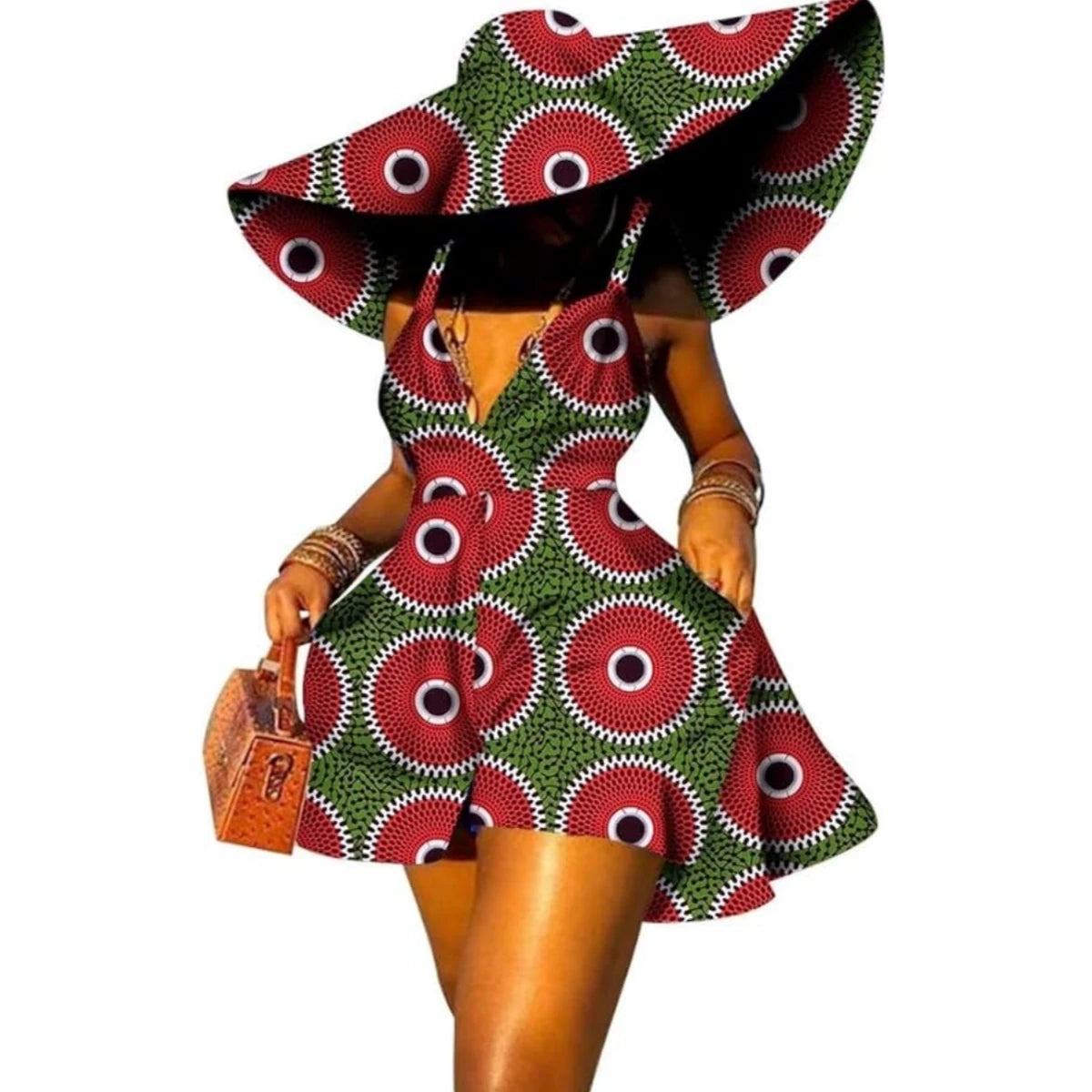 Women Summer Dress African Print Jumpsuit Sexy Sleeveless V-neck Short Pant with Hat Fashion African Clothes Lady Attire WY8844