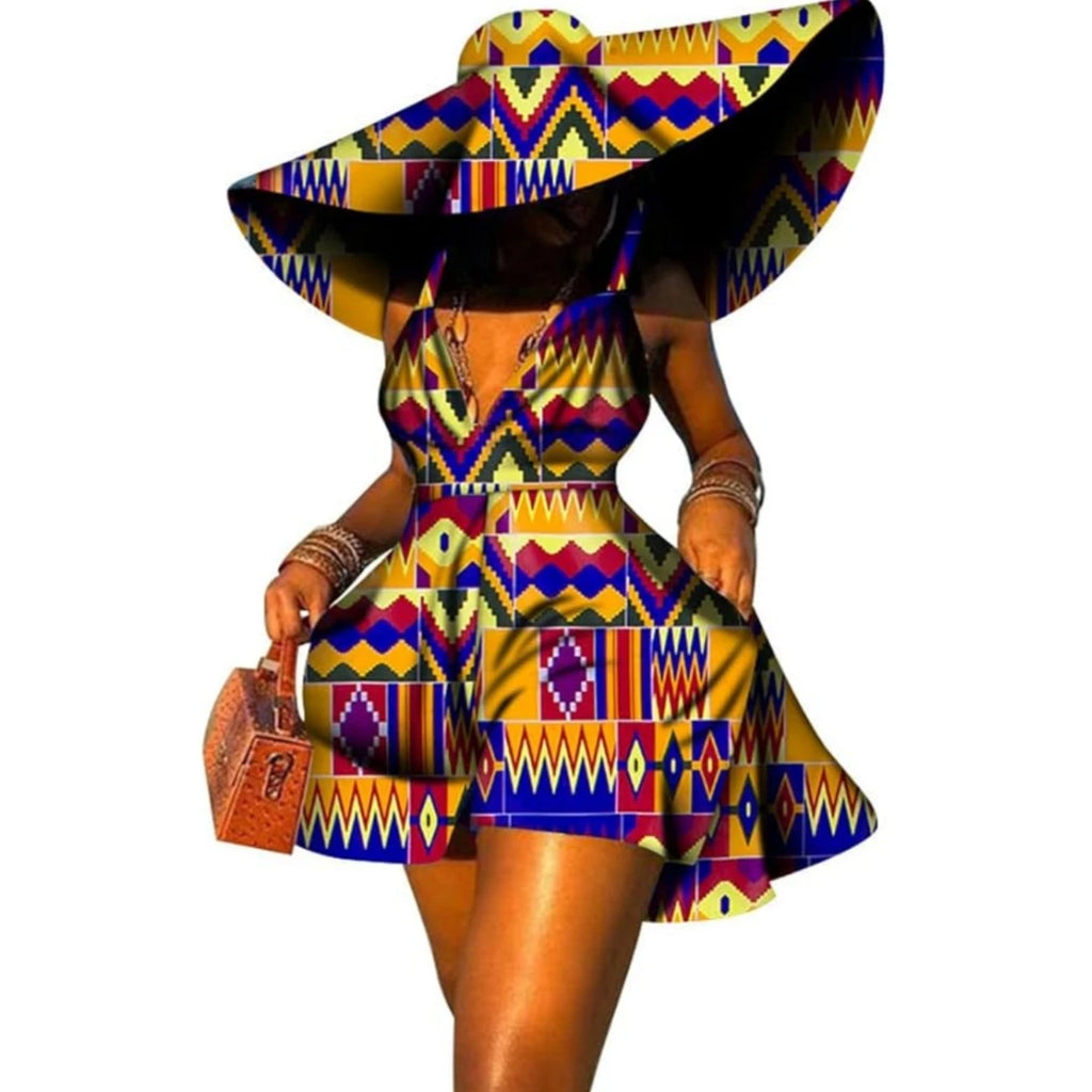 Women Summer Dress African Print Jumpsuit Sexy Sleeveless V-neck Short Pant with Hat Fashion African Clothes Lady Attire WY8844