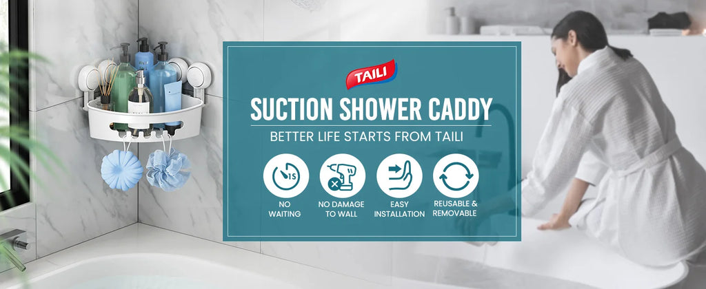 TAILI Corner Shower Caddy Suction Cup No-Drilling Removable Shower Caddy Basket Powerful Suction Bathroom Shower Shelf Organizer