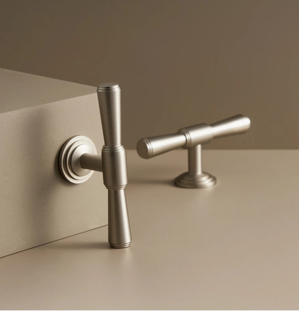 Nurlin Solid Brass Nickel Brushed Luxurious Silver French Modern Cabinet Handles Tbar Wardrobe Knobs