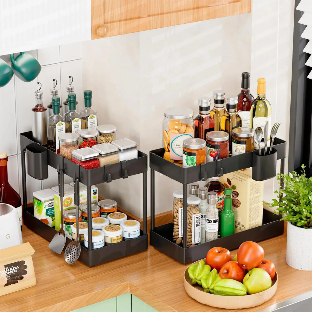 Under Sink Organizer and Storage, Kitchen Organization Rack with Double Sliding Cabinet Drawers, Multi-Purpose Storage Shelf Hol