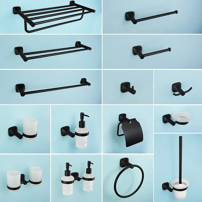 Matte Black Bathroom Accessories Set Wall Mount Stainless Steel Clothes Hook Toilet Paper Holder Towel Bar Hardware Pendant