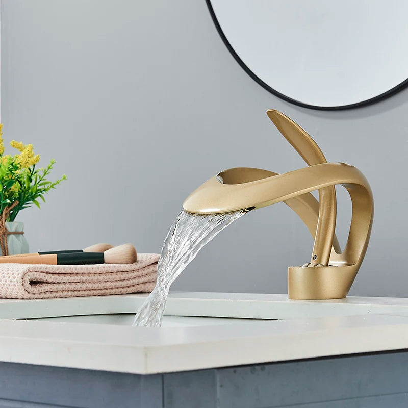 Black Bathroom Basin Taps Single Handle Waterfall Faucet Solid Brass Basin Mixer Taps Creative Hollowed Out Design Water Tap
