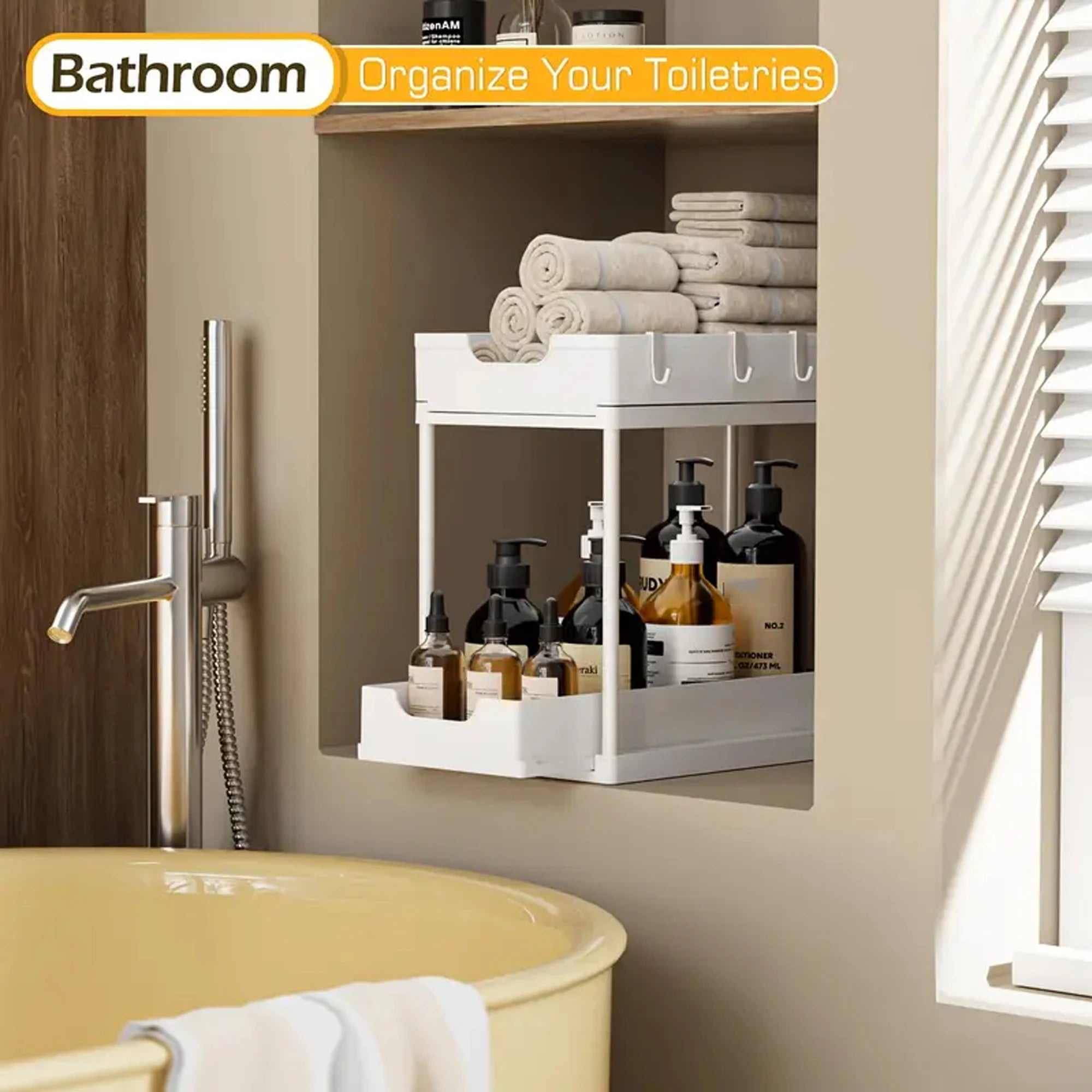 Double-Layer Pull-Out Kitchen Storage Rack, Non-Slip and Stable, Multifunctional Storage Box with Five Hooks, Under-Sink Brush Double-Layer Drawer Storage Rack, Suitable for Kitchen and Bathroom Countertop Sink Storage