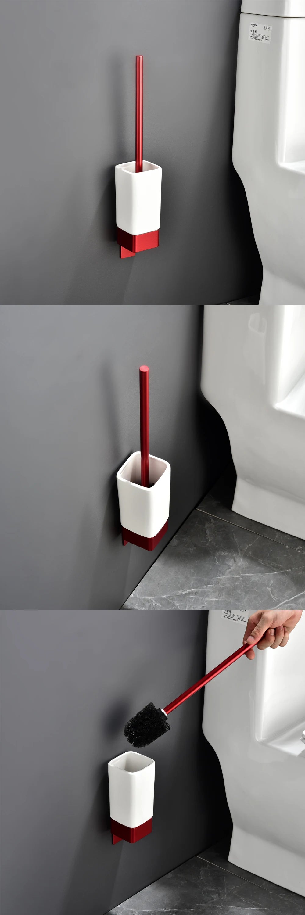 Aluminum Bathroom Accessories Sets 3M Tape Toilet Brush Holder Ceramic Toilet Roll Paper Holder Red Robe Hook Towel Holder