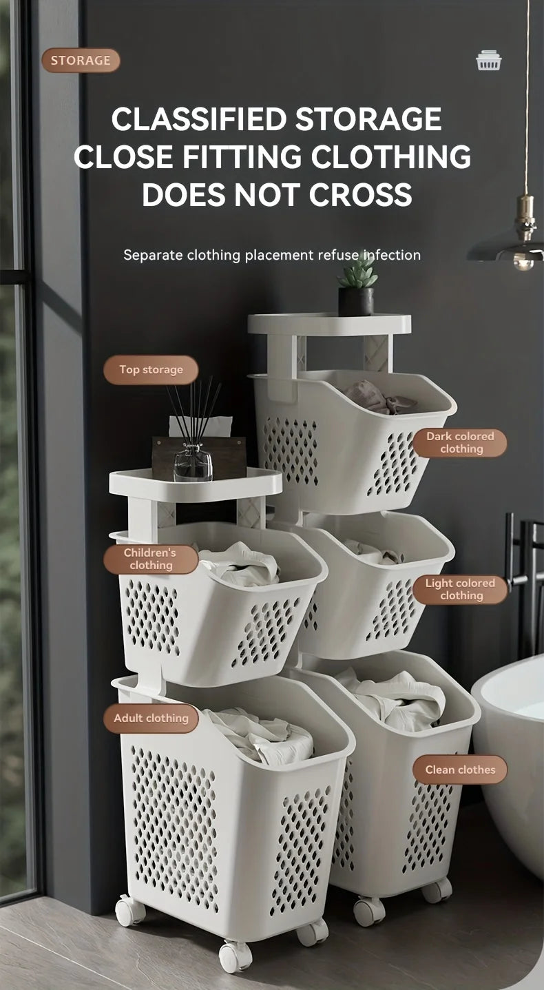 Multilayer Dirty Laundry Basket Storage Rack Clothes Storage Basket Sundries Storage Basket with Wheels Home Bathroom Supplies