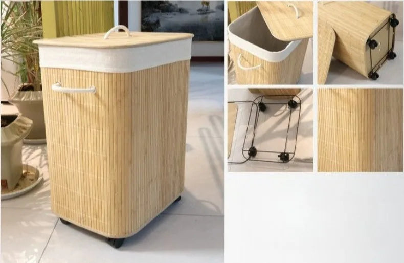 Dirty Laundry Basket Folding Storage Baskets Bamboo Clothes Storage Box with Lid Multifunctional Organizer Boxes with Wheels
