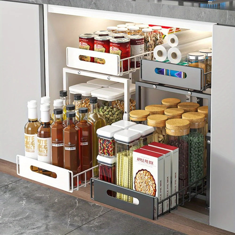Pull-Out Cabinet Organizer - Adjustable Storage Shelf for Spices, Dishes & Kitchen Essentials | Multi-Purpose Drawer Rack