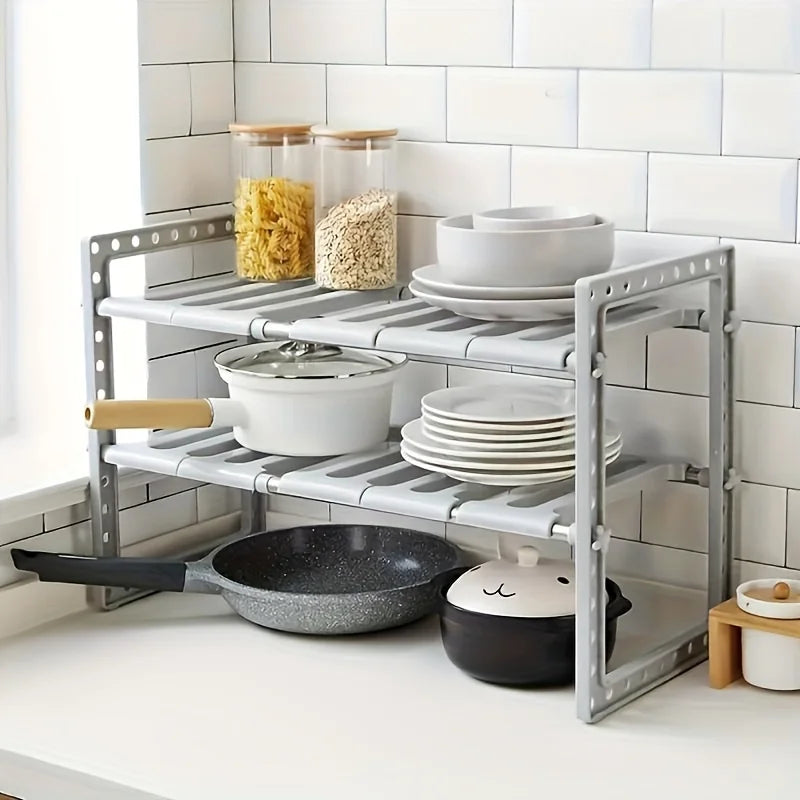 2-Tier Under-Sink Organizer, 10 Removable Panels. Expandable, Space Saver for Kitchen & Bathroom.