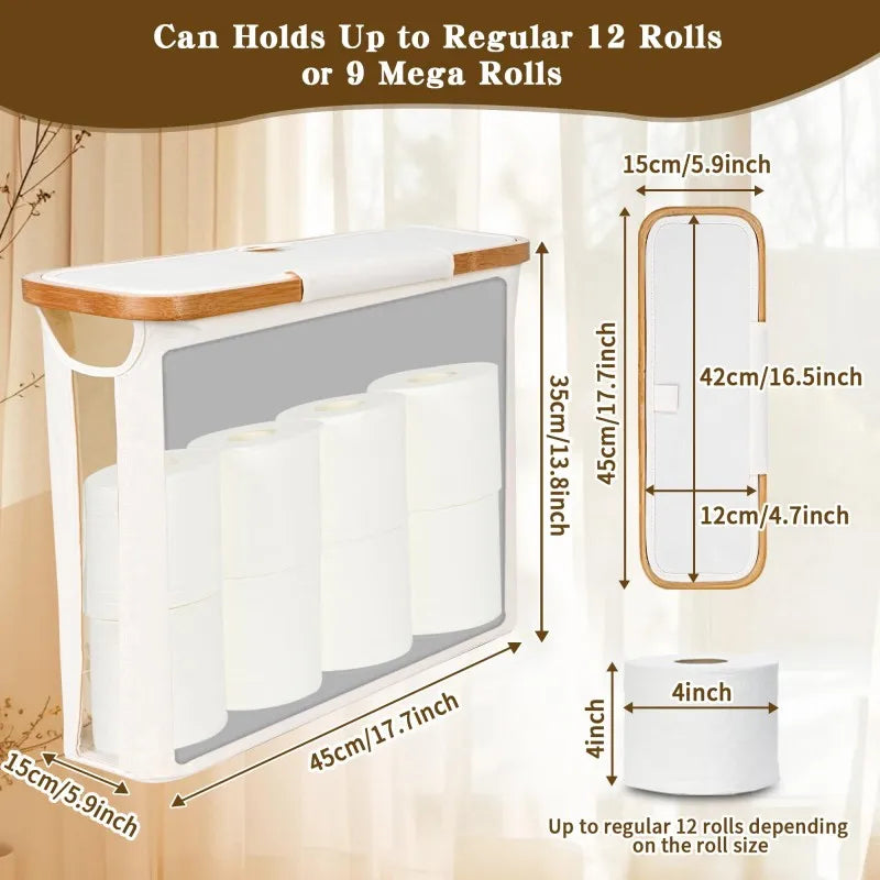 Bamboo Toilet Paper Holder with Storage Basket, Collapsible Storage Basket Bathroom Organizer Paper Towel Storage Bohemian Style