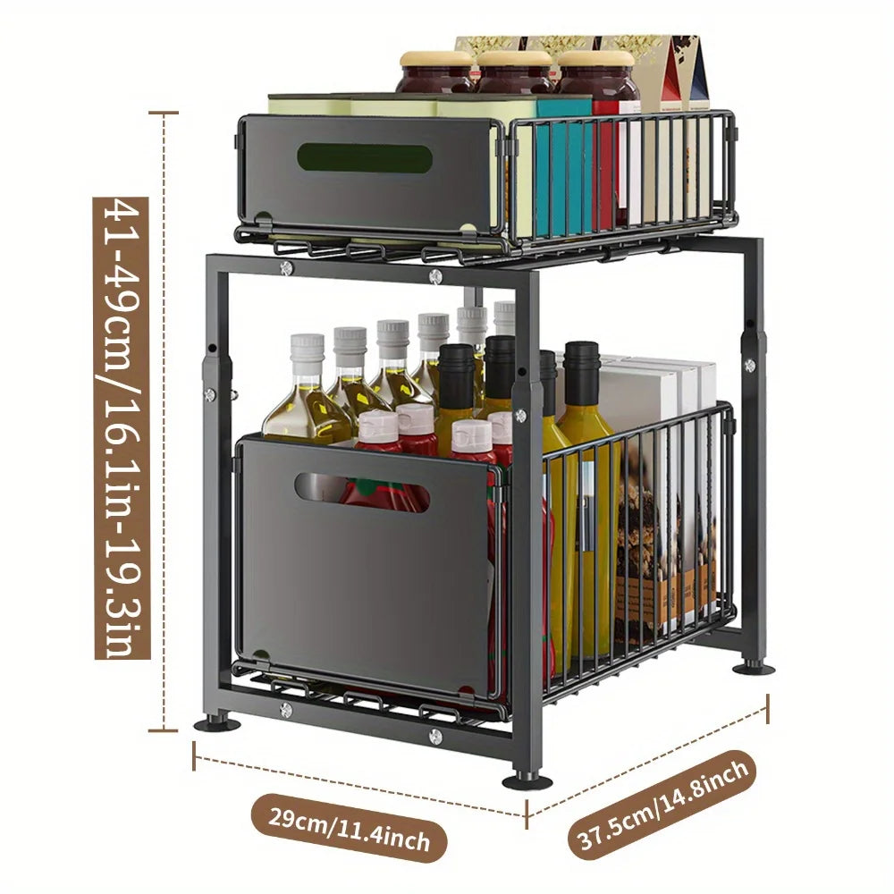 Adjustable Under-Sink Organizer - Pull-Out Spice Rack & Storage Basket | Customizable Cabinet Shelf System