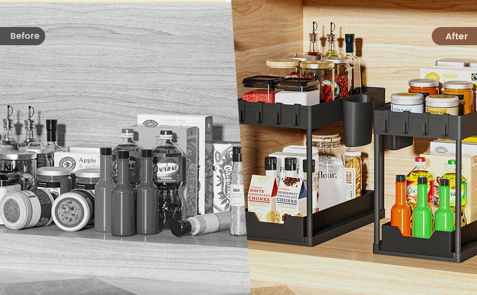 Under Sink Organizer and Storage, Kitchen Organization Rack with Double Sliding Cabinet Drawers, Multi-Purpose Storage Shelf Hol
