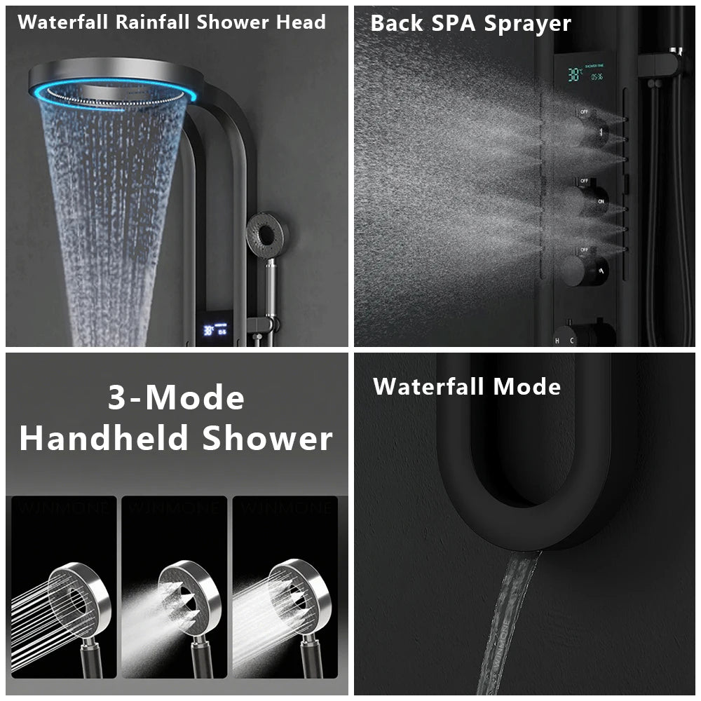 Modern High End Rainfall Shower Panel SPA Massage Jet Waterfall Showers Column Taps Set LED Display Smart Bathroom Shower System