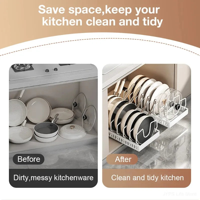 Hot-selling multifunctional kitchen pull-out cookware/frying pan sliding lid rack, spice rack, and bowl and plate drawer storage