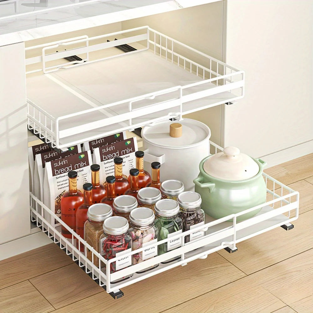 Drawer storage rack silk sliding pull-out cutlery spice bottle rack suitable for kitchens, bathrooms etc, optimizing more space