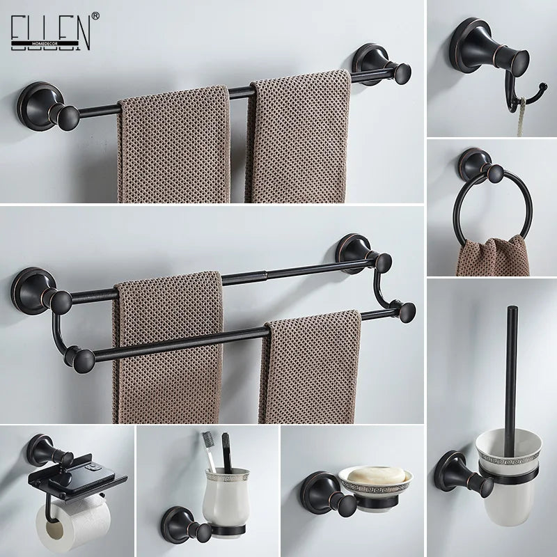 Bathroom Bath Toilet Paper Holder Robe Hook Bathroom Retractable Towel Hanging Rod Black Zinc Alloy EL852