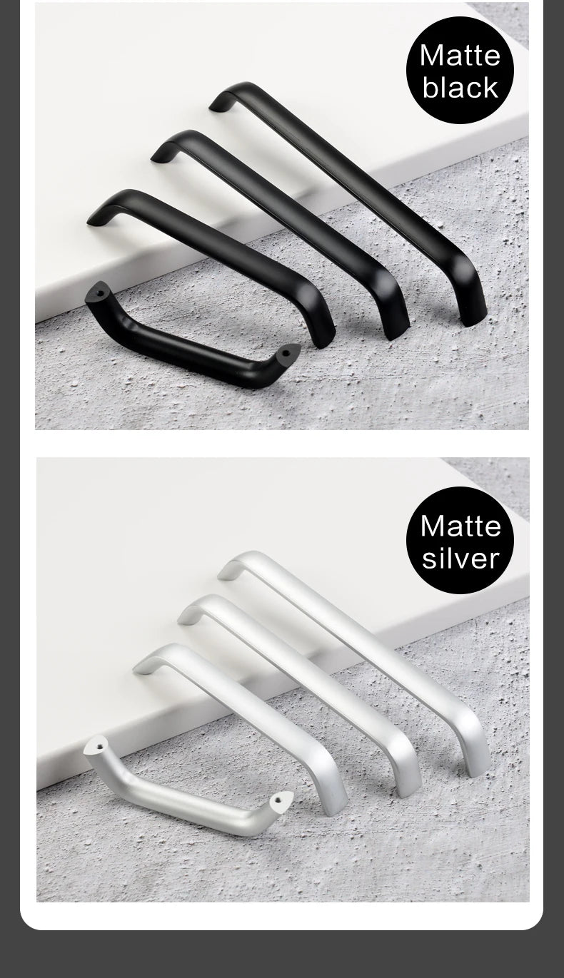 Modern Furniture Handles Black Wardrobe Door Pulls Silver Long Drawer Pulls Bathroom Cabinet Handle Aluminum Alloy Curved Handle
