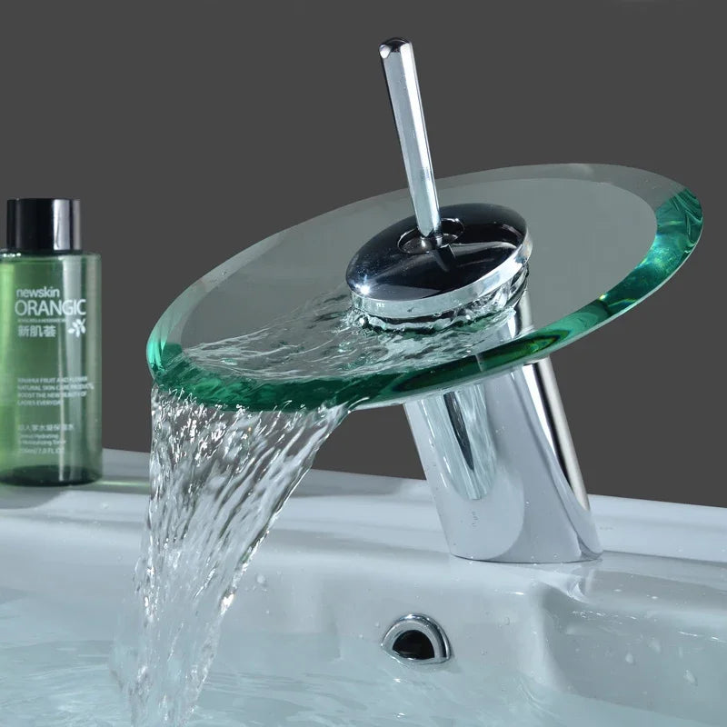 Bathroom Faucets Household Wash Basin Sink Taps Colorful Glass Waterfall Faucet Chrome Single Lever Mixer Tap Deck Mounted