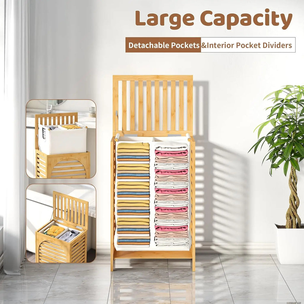 Large Bamboo Laundry Hamper with Lid 85L Clothes Basket Removable Bag Storage for Bathroom Natural