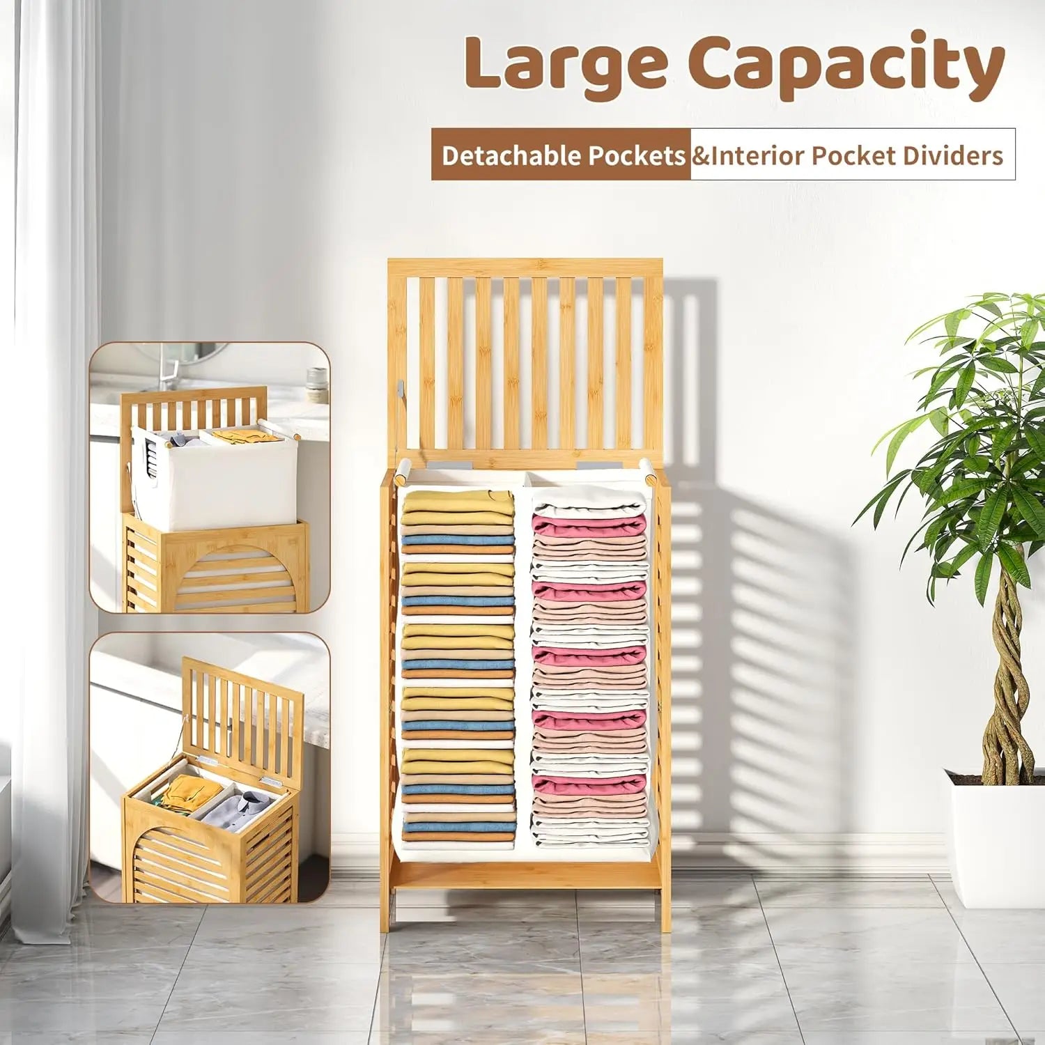 Large Bamboo Laundry Hamper with Lid 85L Clothes Basket Removable Bag Storage for Bathroom Natural