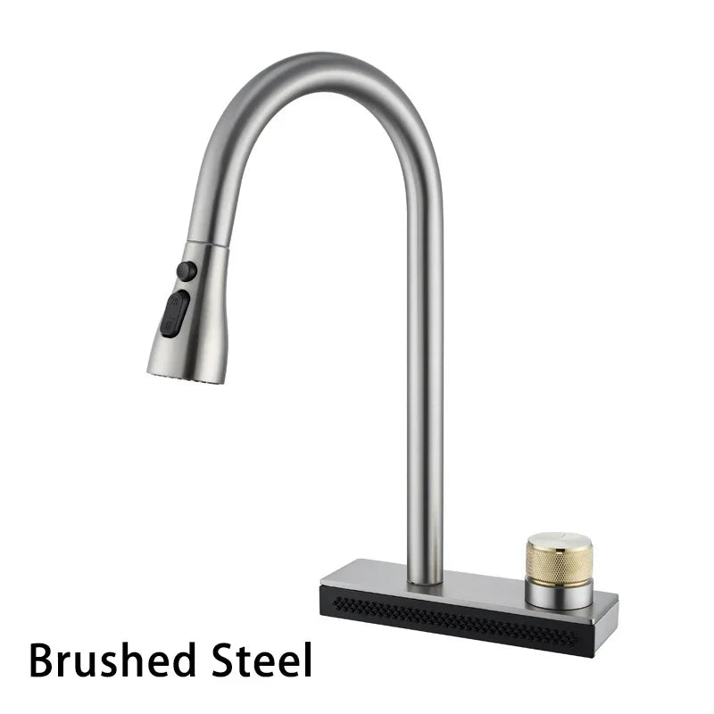 Waterfall Kitchen Sink Faucet with 4 Modes Pull Out Spout Stainless Steel Black One Hole Deck Mounted Kitchen Water Mixer Tap