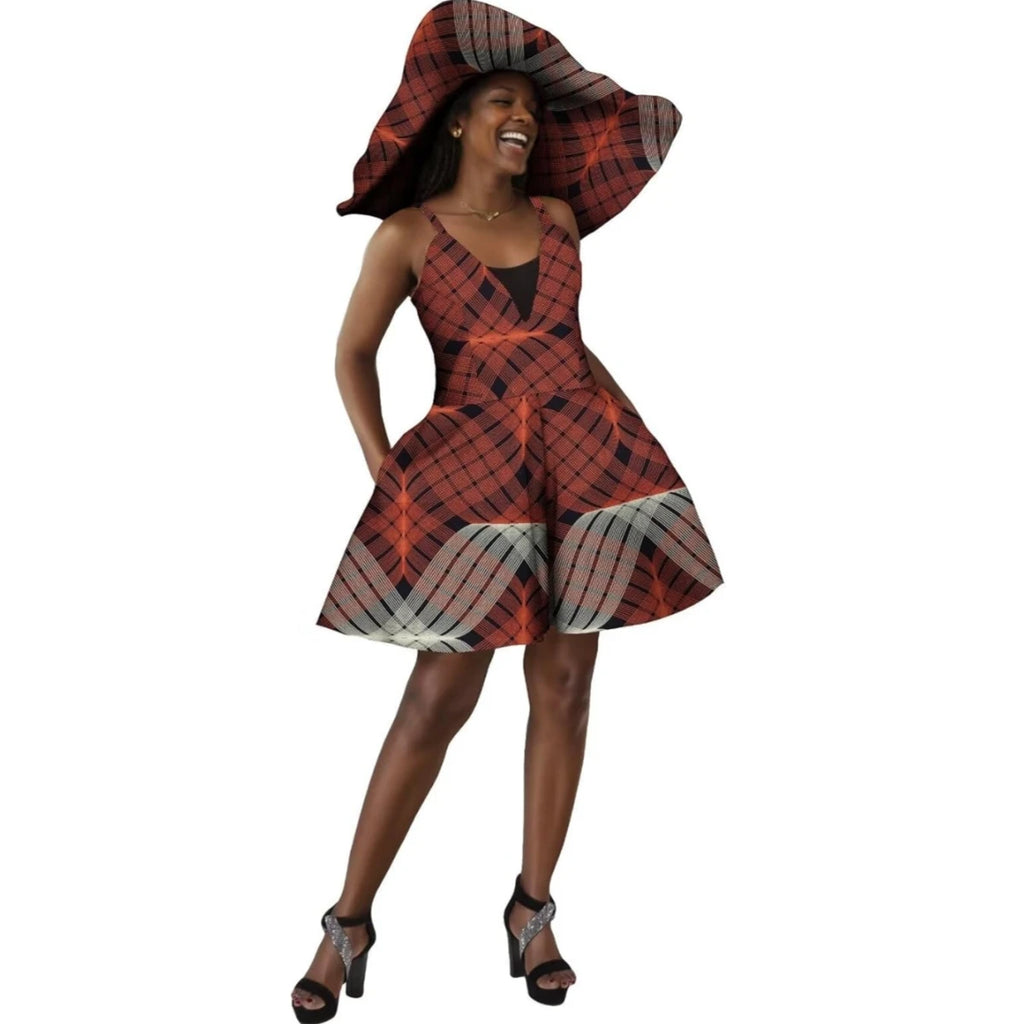 Women Summer Dress African Print Jumpsuit Sexy Sleeveless V-neck Short Pant with Hat Fashion African Clothes Lady Attire WY8844