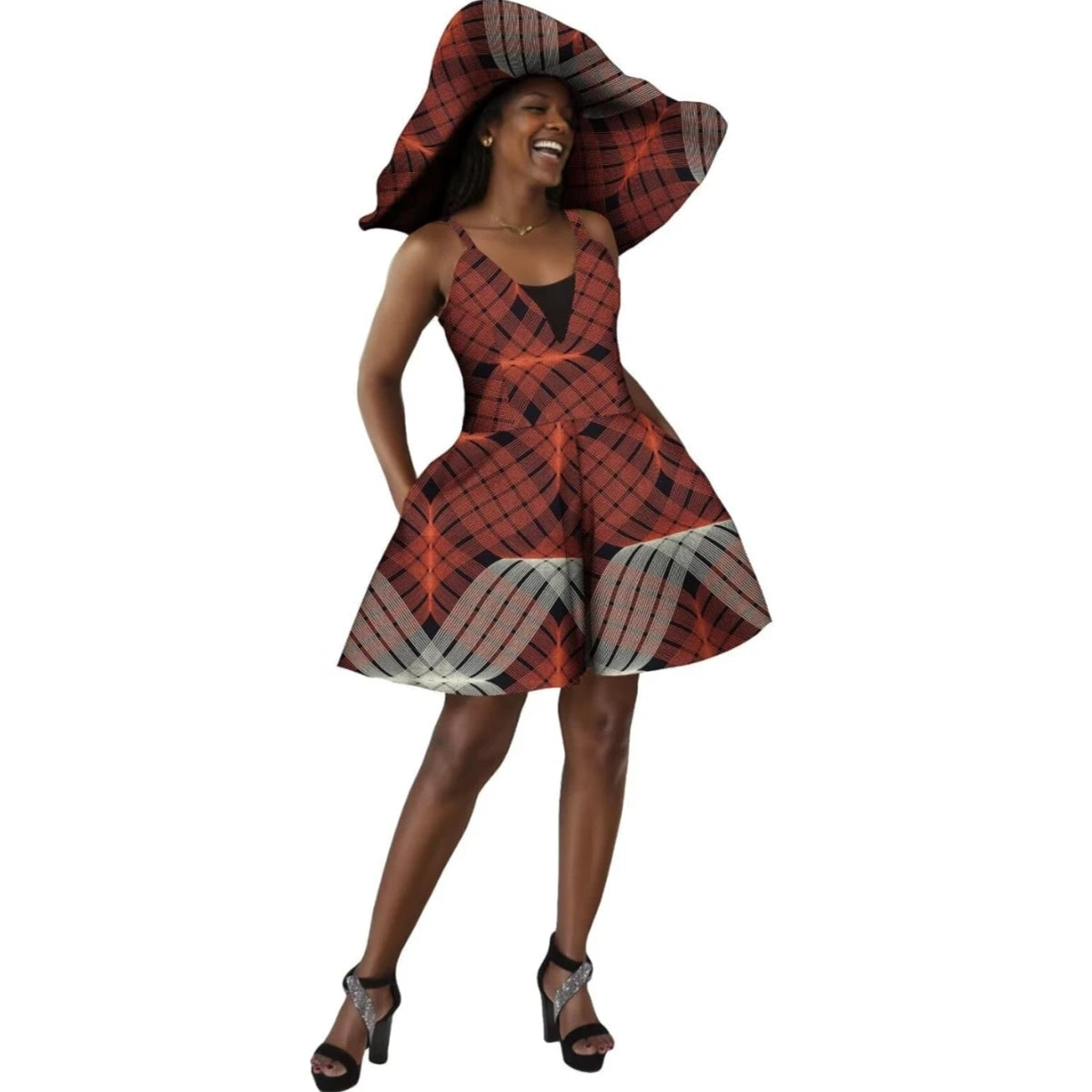 Women Summer Dress African Print Jumpsuit Sexy Sleeveless V-neck Short Pant with Hat Fashion African Clothes Lady Attire WY8844