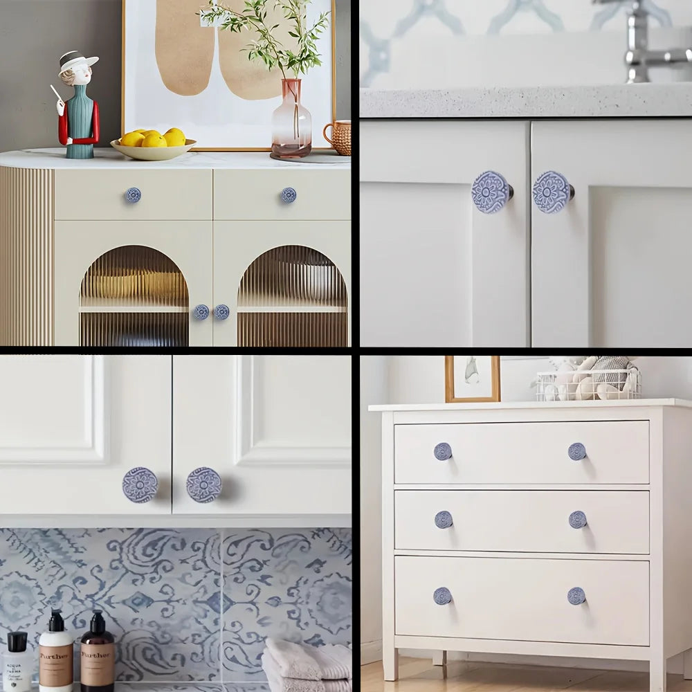 9 Pcs Light Blue Vintage Round Ceramic Cabinet Knobs and Pulls for Drawer, Cupboard, Closet Door