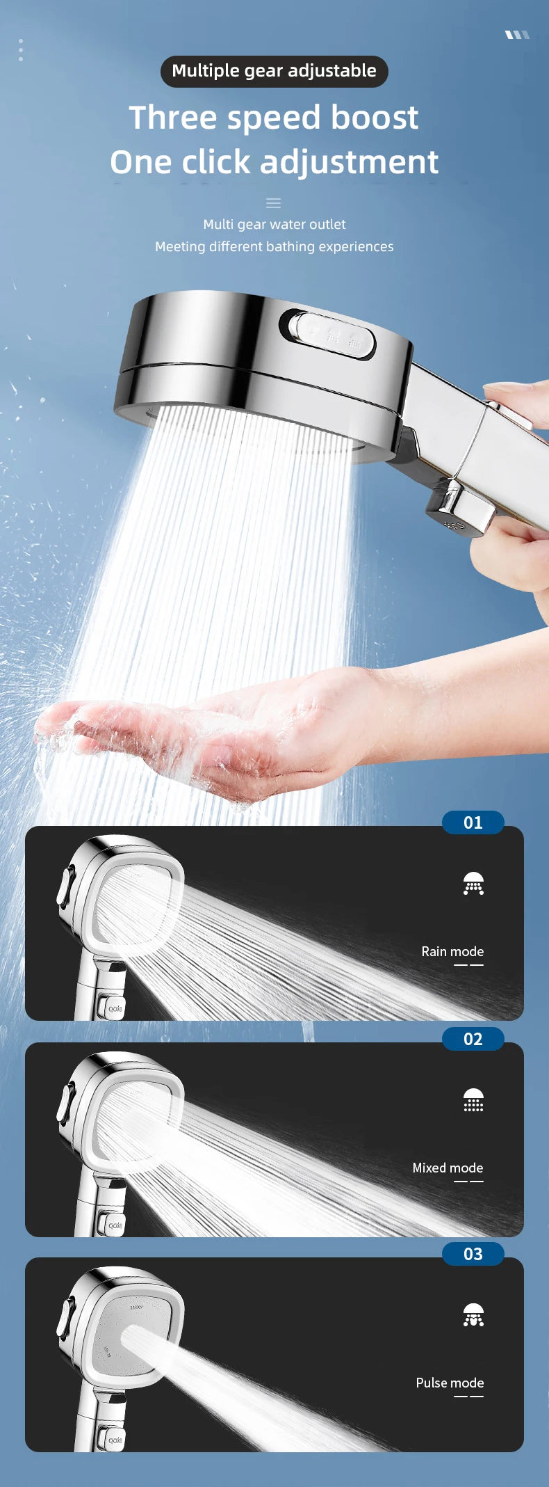 Bathroom Booster Shower Head with Filter, 3 Modes Adjustable Spray, Large Flow High Pressure Handheld Shower Head, Silver Shower