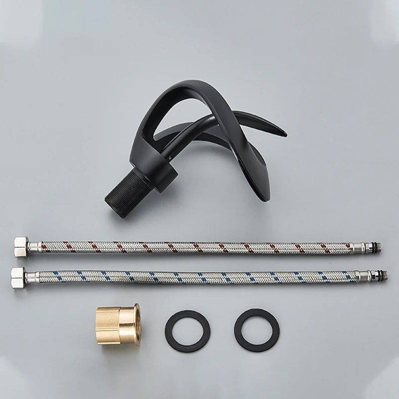 Black Bathroom Basin Taps Single Handle Waterfall Faucet Solid Brass Basin Mixer Taps Creative Hollowed Out Design Water Tap