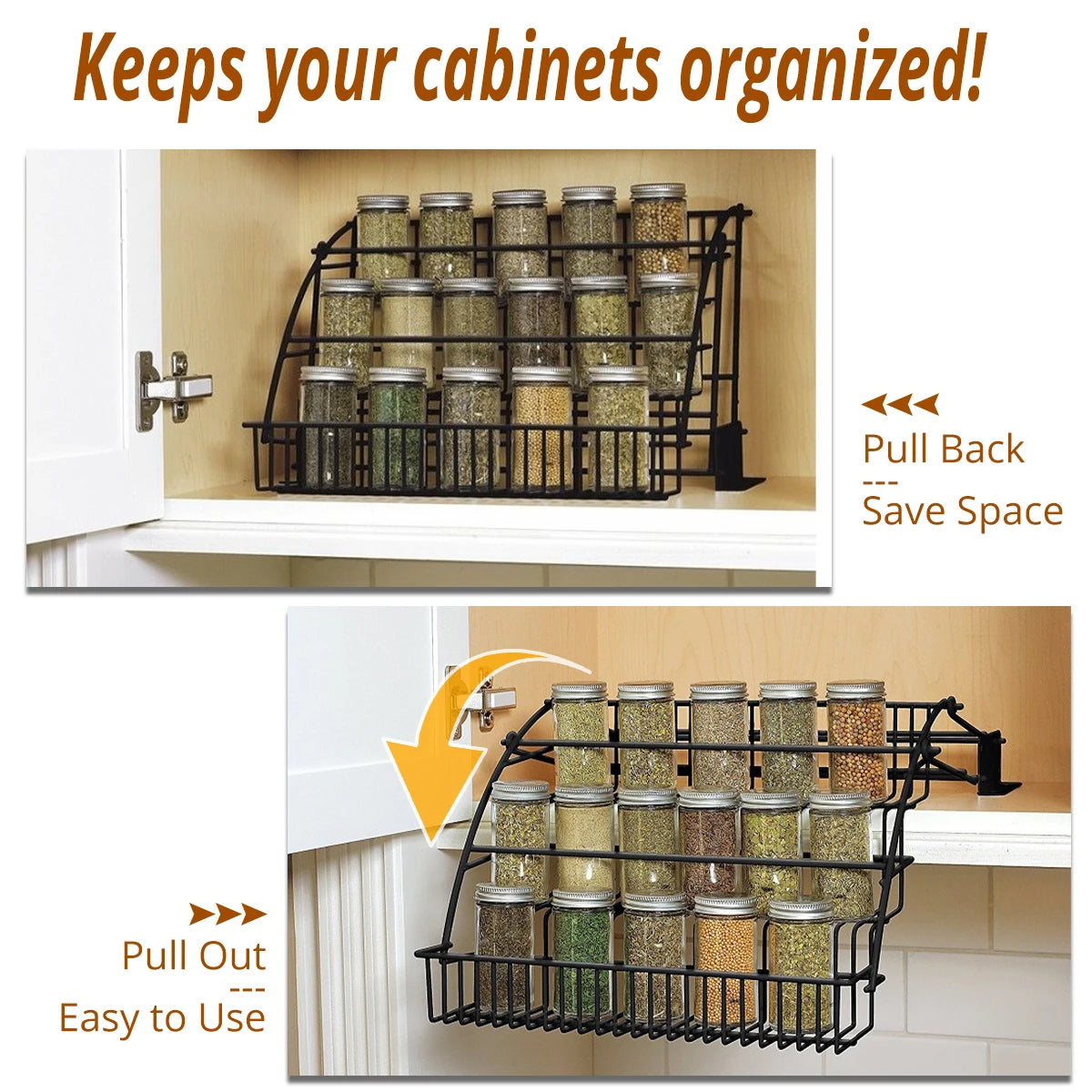 Pull-Out Spice Organizer, Metal Kitchen Cabinet Storage Rack, Space-Saving 3-Tier Shelf for Condiments & Jars