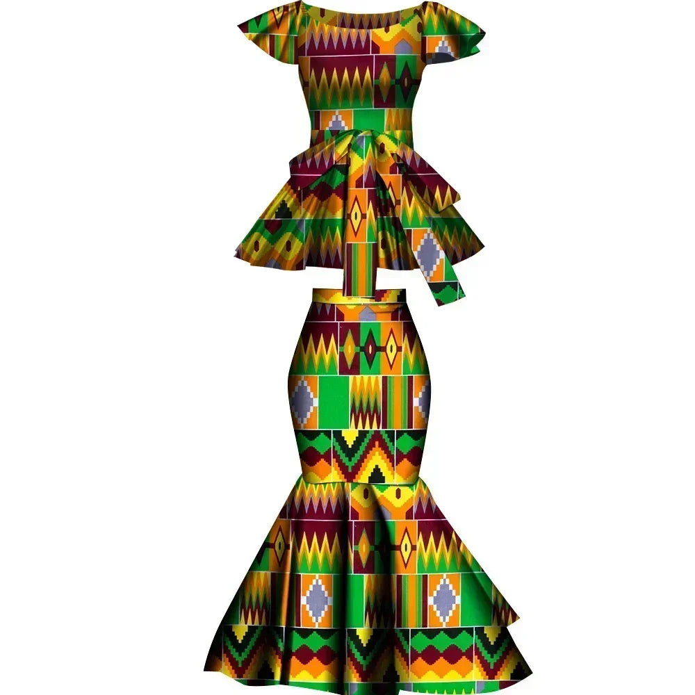 African Two Pcs Set Flared Skirt and Top Dashiki Wax Print Cotton Plus Size Party Clothing WY10076