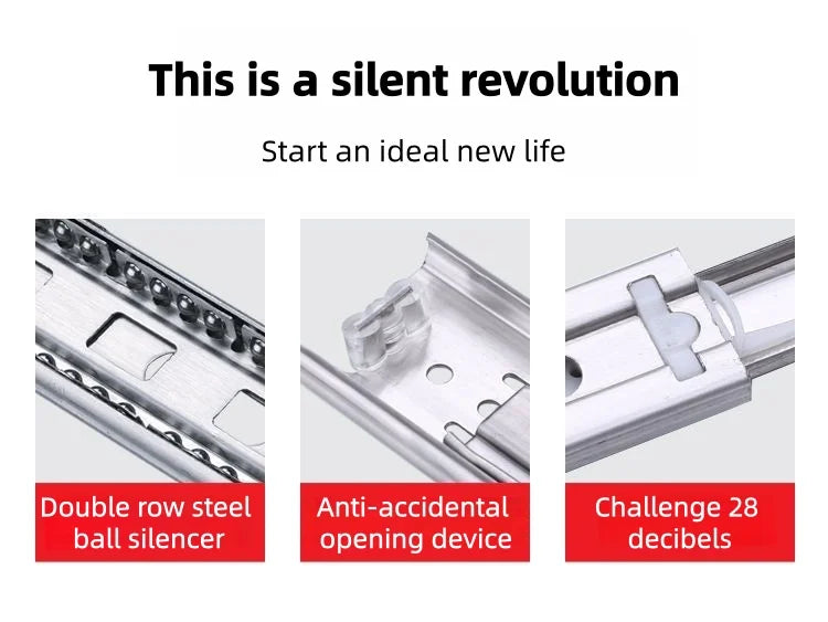 Heavy duty cold-rolled steel drawer slide rail -3-section soft closing damping rail, silent cabinet slide rail