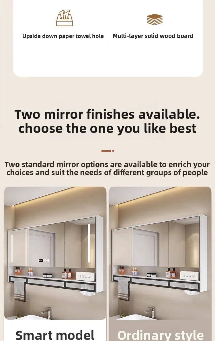 Bathroom Mirror Cabinet Wall Mounted LED Waterproof Aluminum Medicine Cabinet with Storage Shelf Towel Rod for Home Bathroom