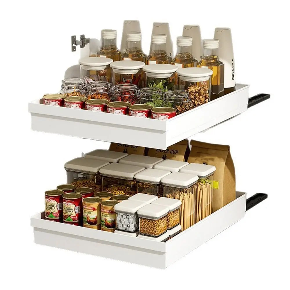 Pull-out Kitchen Storage Rack Large Capacity Plastic Spice Box Storage Rack with Slide Rails Anti-slip Drawer Type Storage Tray