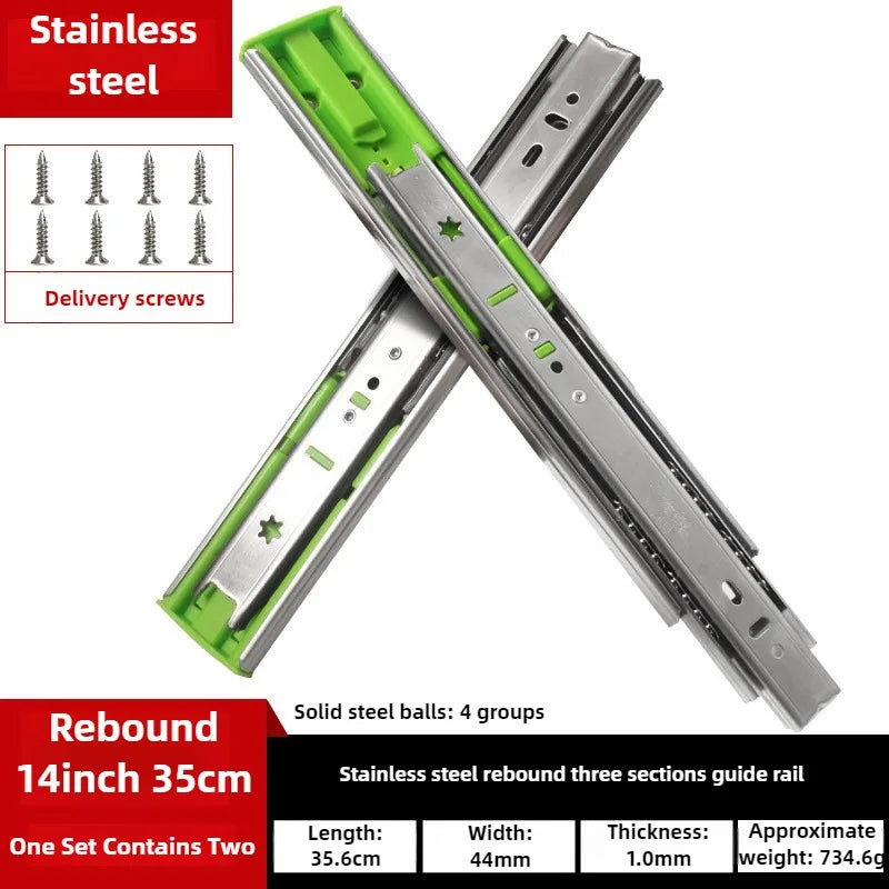 10" - 22"  45mm wide Stainless Steel Drawer Slides Soft Close Drawer Track Rail Sliding Three-Section Cabinet Furniture Hardware