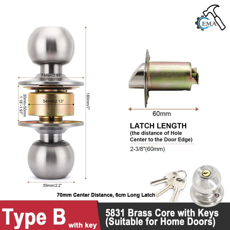 1 Piece Aluminum Alloy Globular Door Knobs Rotation Lock Knobset Handle Metal Door Knob With Key For Bedrooms Living Rooms