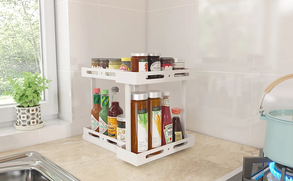 2 Tier Pull-out and Rotate Kitchen Spice Rack Multi-Function Seasoning Organizer for Kitchen Cabinet Pantry Counter-Top Supplies