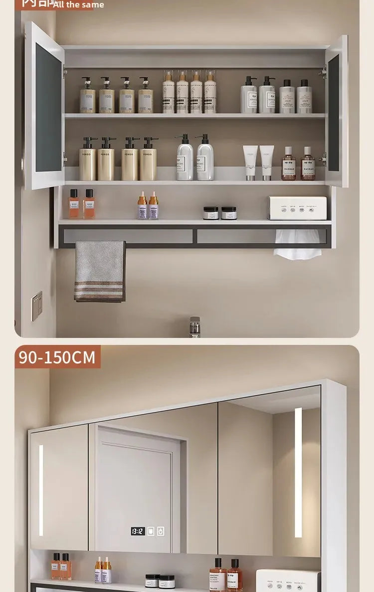 Bathroom Mirror Cabinet Wall Mounted LED Waterproof Aluminum Medicine Cabinet with Storage Shelf Towel Rod for Home Bathroom