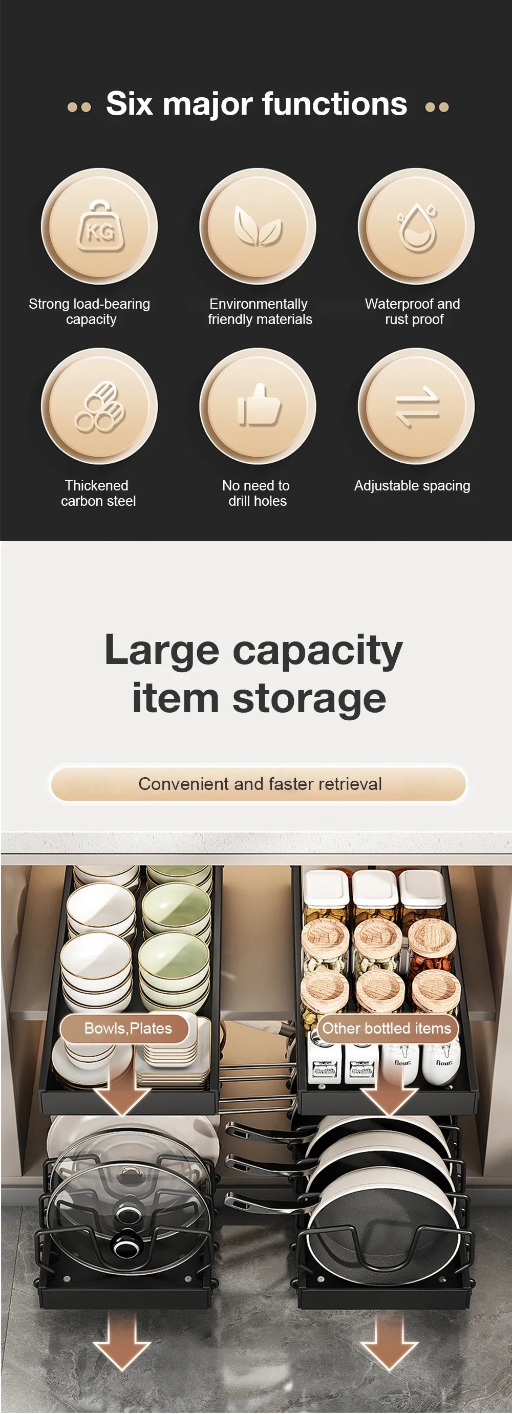 Hot-selling multifunctional kitchen pull-out cookware/frying pan sliding lid rack, spice rack, and bowl and plate drawer storage